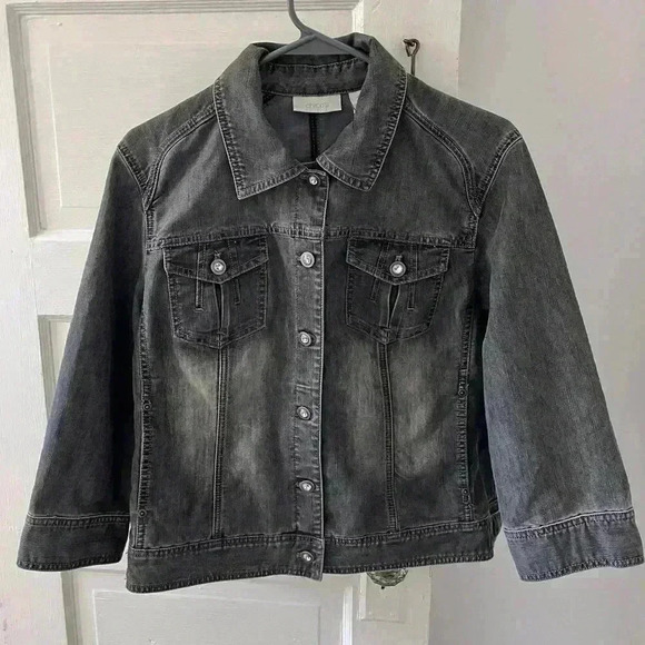Chicos dark grey/black denim style button up jean jacket with jem buttons‎ - Picture 1 of 13